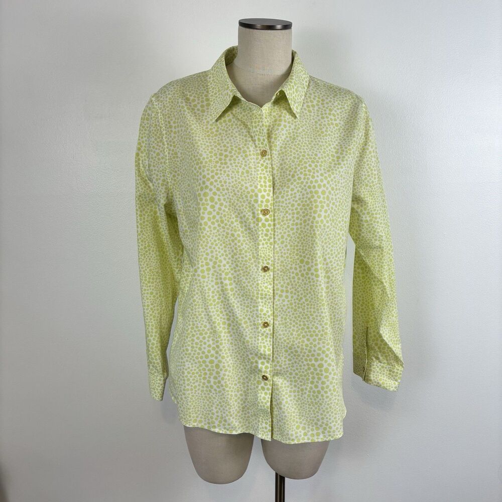 Chico's Green Effortless Dot Shirt Top No-Iron Button Up Collared Size 3 / US XL